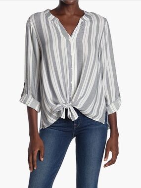 Emilia Striped Button-Down Tie-Hem Top - White & Navy, Small NWT